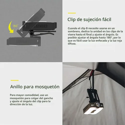Vista 6 de Claymore Capon 40B Negro - Luz de Gorra con Clip - Lámpara frontal LED recargable USB-C de 230 LM, 3 modos de luz, haz ajustable de 180°, IP54 90B