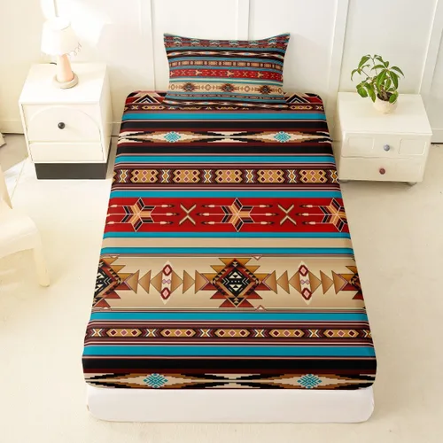 Vista 39 de Juego de ropa de cama de estilo bohemio occidental, tamaño individual, diseño de vaca atrapasueños, sábana bajera ajustable del suroeste, tribu