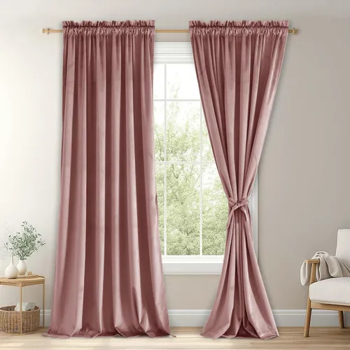 Vista 40 de JIUZHEN Cortinas de terciopelo beige de 63 pulgadas de ancho x 63 pulgadas de largo, cortinas de terciopelo retro suaves con bolsillo para barra