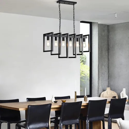 Vista 3 de Lámpara de comedor de 6 luces, candelabros negros para comedor, moderna lámpara de granja, accesorios de iluminación colgantes rectangulares