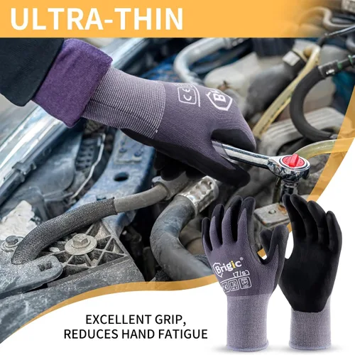 Vista 6 de Guantes de trabajo protectores con revestimiento de nitrilo de micro espuma, guantes de nailon de alta densidad, delgados y ligeros, agarre fuerte
