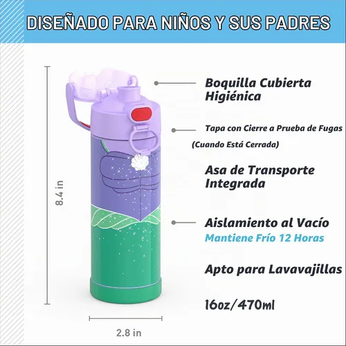 Vista 3 de THERMOS FUNTAINER - Botella aislada al vacío de acero inoxidable de 16 onzas con tapa ancha de boquilla, princesa Ariel Princess Ariel