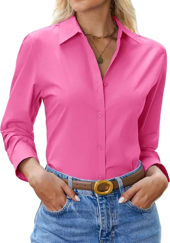 Vista 21 de siliteelon Camisa con botones para mujer: camisa de vestir con cuello de manga larga de algodón con botones, blusa de trabajo y oficina