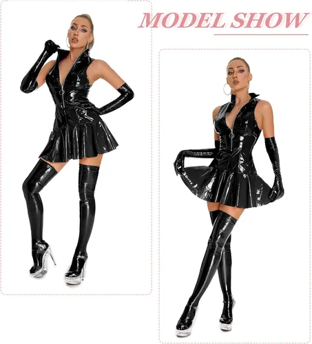 Vista 5 de FEOYA Mini vestidos de fiesta sin mangas de piel sintética para mujer