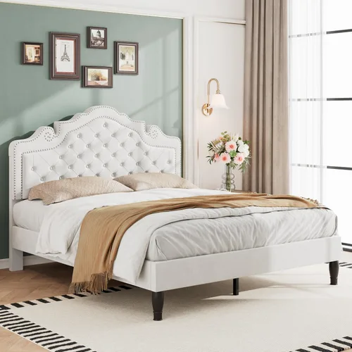 Vista 13 de WEEWAY Base de cama de plataforma de tamaño matrimonial con tiara ajustable de terciopelo, cabecero curvado y alta resistencia, botón tapizado