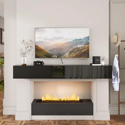 Vista 6 de FurniNova Soporte flotante para TV con 3 puertas, moderno mueble flotante para consola de TV con almacenamiento, estante flotante de madera Negro