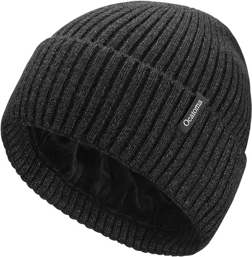Vista 31 de Ocatoma Gorro para hombre y mujer, cálido gorro de invierno tejido con puños, suave y cálido, gorro de esquí unisex Camello gris