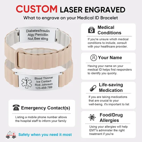 Vista 7 de Cómoda pulsera de identificación médica para hombres y mujeres, correa de silicona grabada personalizada, ajuste cómodo, pulseras de alerta médica