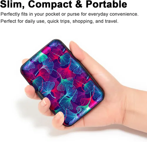 Vista 2 de Credit Card Holder, Metal Card Wallet RFID Blocking Mini Slim Aluminum Business Hard Card Case for Women Men (Neon Ginkgo Leaves)
