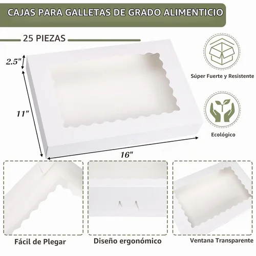 Vista 2 de TOMNK 25 piezas Cajas para galletas con ventana, 16x11x2.5 pulgadas Cajas de panadería grandes con despliegue automático para golosinas, postres