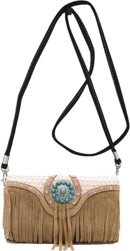 Vista 5 de Estilo occidental Fringe Conchos Gema Rhinestone tachonado tejido cuero bolso país bolso mujeres hombro cartera conjunto