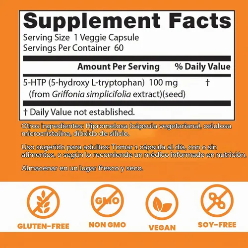 Vista 3 de Doctor's Best 5-Htp sin OMG, vegano, sin gluten, sin soja, 100 mg y 60 cápsulas vegetarianas