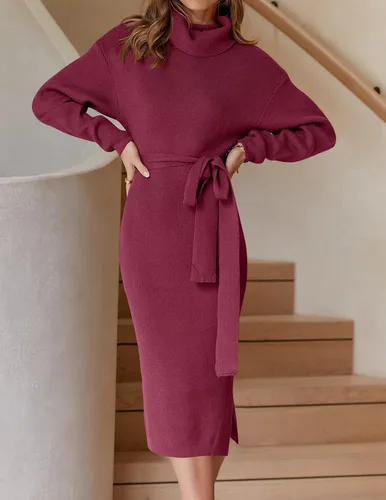 Vista 50 de ZESICA - Vestido por debajo de la rodilla de suéter, de cuello alto, para mujer, de manga larga, de punto acanalado, con abertura y cinturón