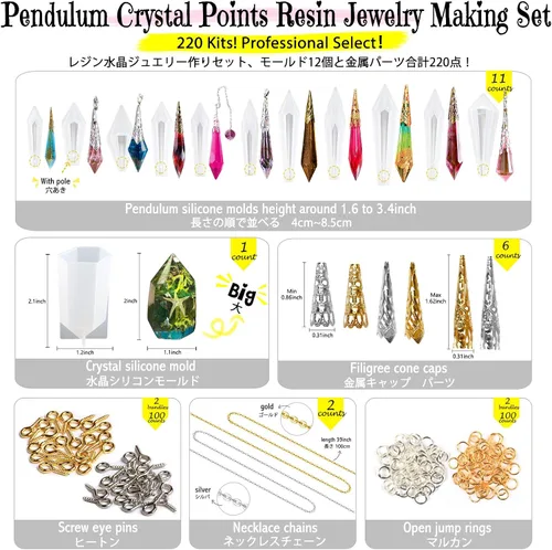 Vista 2 de Moldes de silicona de resina de punta de cristal de péndulo de 12 unidades de fundición de joyería de 220 kits Set de tapas de cono de filigrana