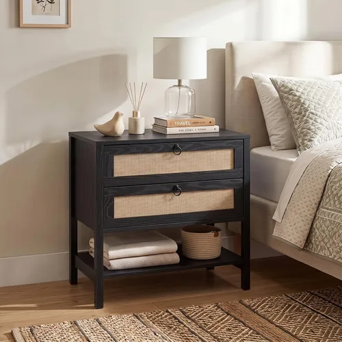Vista 2 de KOMFOTT Rattan Nightstand, Bedside Table with 2 Drawers (Black,1)