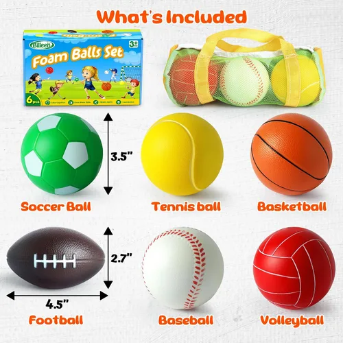 Vista 2 de Billeeit Juego de Mini Pelotas Deportivas para Niños Pequeños de 1-3 Años, Bolsa Deportiva para Niños, Incluye 1 de Cada Una: Fútbol de Espuma