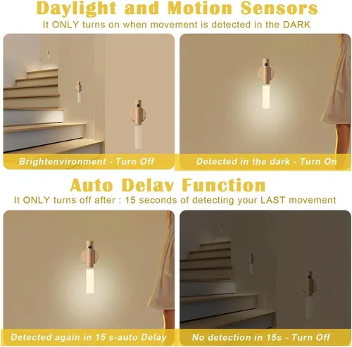Vista 6 de LANDGOO Luces nocturnas con sensor de movimiento de madera, imán y sensor de cuerpo, luces nocturnas para pasillo, luz LED recargable, escalera