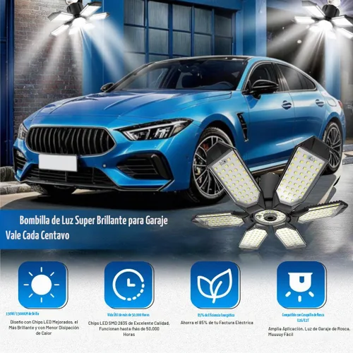 Vista 2 de Luz de Garaje – Bombilla de garaje súper brillante de 15000LM, equivalente a 150 W, rosca E26 con 6 paneles deformables, 6500K, luces LED de taller