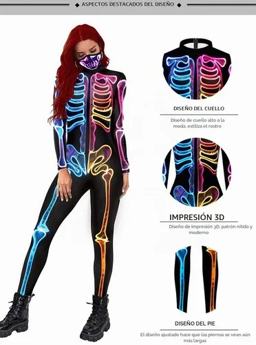 Vista 4 de Sister Amy Disfraz de esqueleto de calavera para mujer de Halloween, traje ajustado de una pieza J-colorido esqueleto