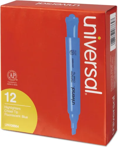 Vista 5 de Universal Resaltadores de escritorio, tinta azul fluorescente, punta de cincel, barril azul, docena
