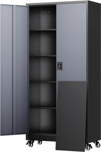 Vista 11 de Yizosh Armario de almacenamiento de metal para garaje con 2 puertas y 5 estantes ajustables, gabinete de archivo de acero con cerradura de 71