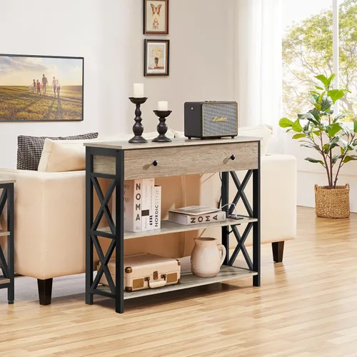 Vista 2 de Yaheetech Soporte de TV con tomas de corriente, centro de entretenimiento con cajón, mesa consola multimedia para TV de hasta 45 pulgadas con Gris