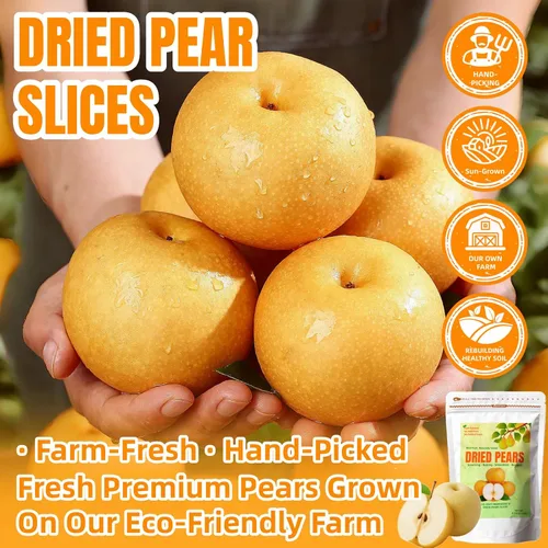 Vista 2 de Rebanadas de pera seca deshidratadas a granel, frutas secas sin azúcar añadido, totalmente veganas naturales. Peras secas para té, cócteles