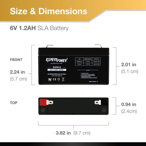 Vista 3 de Baterías selladas de ácido de plomo ExpertPower 6v 1.2 Ah, Negro