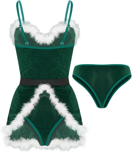 Vista 2 de Ropa interior de Navidad para mujer, sin mangas, de terciopelo, sexy, minivestido con bragas, cinturón, camisón de Santa Verde oscuro