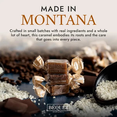 Vista 8 de Béquet Caramelo, caramelo gourmet de moca salado, caramelo de café envuelto individualmente, caramelo de sal marina gourmet, fabricado en Montana