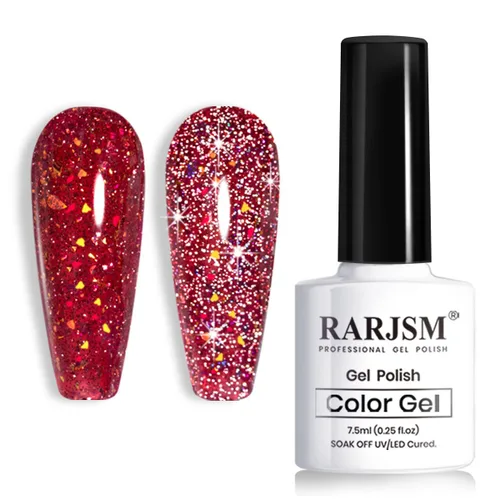 Vista 8 de RARJSM Esmalte de uñas de gel con purpurina roja reflectante holográfica, destellos de arco iris, diamantes brillantes, LED, UV, secado con lámpara