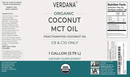 Vista 2 de Aceite de coco MCT orgánico certificado USDA Verdana – Aceite de coco fraccionado – Sin uso de semilla de palma – Kosher, grado alimenticio, sin