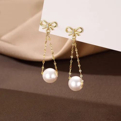Vista 4 de SLUYNZ Pendientes colgantes de plata de ley para mujer, aretes de gota de perlas con lazo
