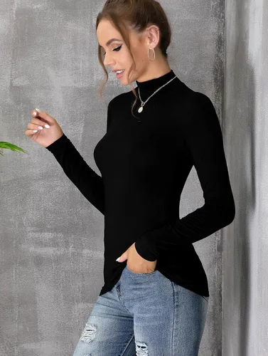 Vista 2 de UNTYHOTS Camiseta de manga larga sin mangas para mujer cuello alto básica elástica ligera delgada