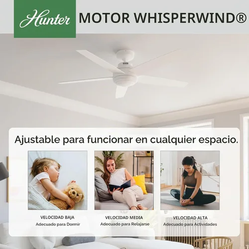 Vista 2 de Hunter 51697 - Ventilador de techo para interiores de 52 pulgadas con luz LED y control remoto, ventilador de techo blanco, montaje estándar, 5