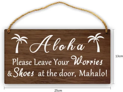 Vista 2 de Aloha Please Leave Your Worries and Shoes at the door Mahalo - Letrero de madera vintage para el hogar, granja, cocina, baño, porche, 5 x 10