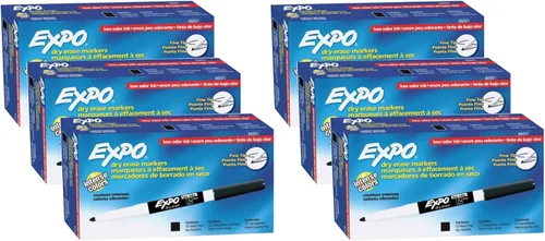 Vista 12 de EXPO Marcadores de borrado en seco, tinta de bajo olor, negro, punta fina, 12 unidades, pizarra blanca, calendario, organización, suministros