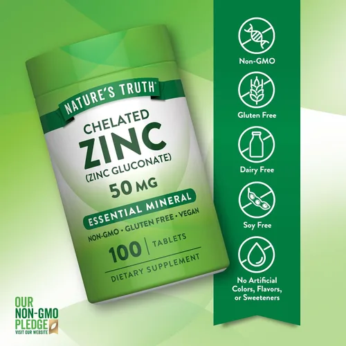 Vista 3 de Nature's Truth Zinc quelado de 50 mg 100 tabletas Suplemento mineral esencial de gluconato de zinc Vegano, sin OMG y sin gluten