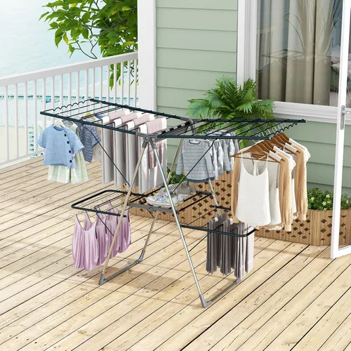 Vista 4 de Giantex Estante de secado de ropa, estante de secado de ropa plegable con 33 rieles de secado, altura ajustable de 3 niveles, clips versátiles