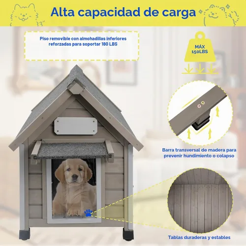 Vista 5 de Gowoodhut Casa para perros al aire libre, resistente a la intemperie, gran perrera de madera para interiores para perros pequeños con marco a prueba