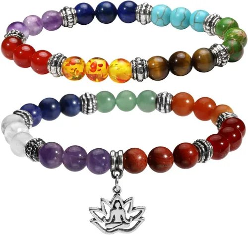 Vista 15 de Eigso Pulsera elástica de piedra de cristal de meditación curativa de 7 chakras para mujer con símbolo de loto, yoga, árbol, OM