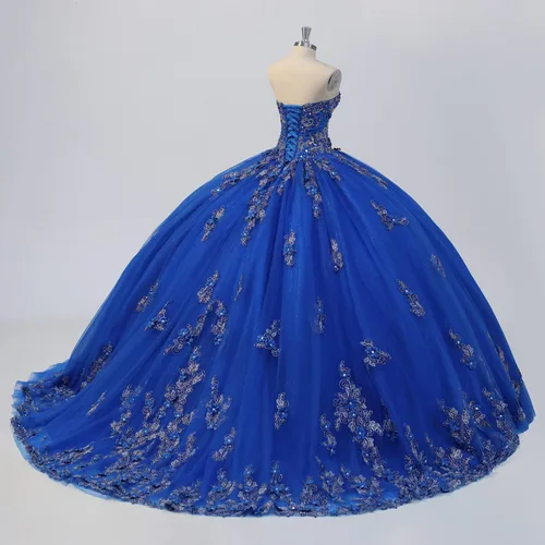 Vista 4 de Vestidos largos de quinceañera para mujer, corsé sin tirantes con apliques florales, vestido de tul con cuentas, Metálico