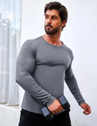 Vista 3 de COOFANDY Paquete de 2 camisetas musculares para hombre, elásticas, de manga larga, para gimnasio, entrenamiento, fisicoculturismo, camisetas