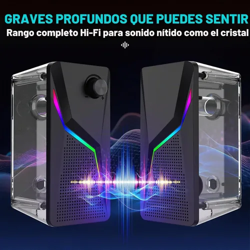 Vista 4 de Altavoces de computadora para PC de escritorio, alimentados por USB con conexión AUX, 6 modos de iluminación RGB, control de perilla de volumen