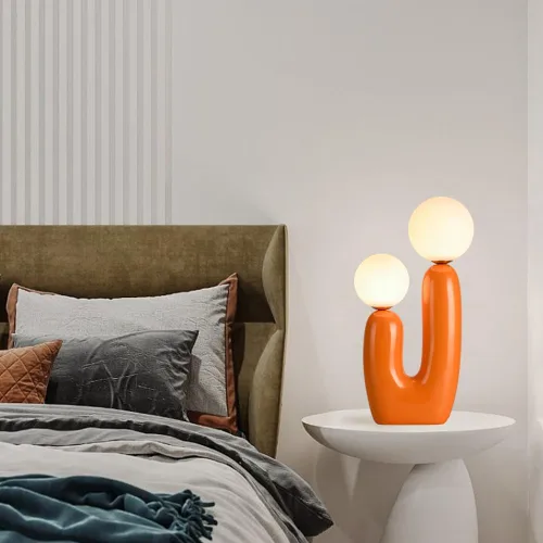 Vista 5 de Lámpara de mesa moderna naranja en forma de cactus con 2 luces, lámpara de seta, esfera de leche blanca de vidrio, lámparas de mesa bonitas