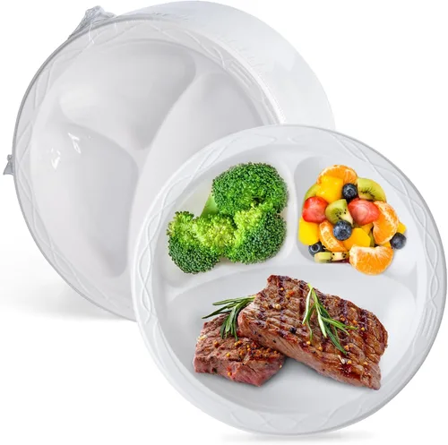 Vista 7 de Paquete de 150 platos de plástico negro de 9 pulgadas, envoltura retráctil, listos para usar Heavy Duty BPA Free Mineral Filled PP Microwave &