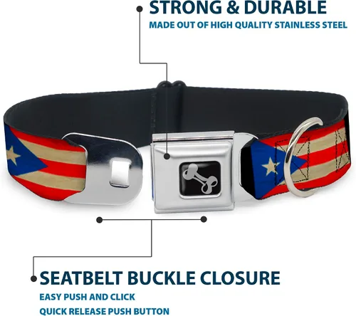 Vista 4 de Hebilla para cinturón de seguridad con cuello de perro, bandera de Puerto Rico desgastada de 9 a 15 pulgadas de ancho 1.0 Inch Wide, Durable Nylon