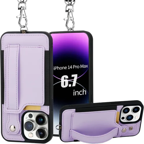 Vista 31 de TOOVREN Funda para teléfono compatible con iPhone 14 Plus, compatible con iPhone 14 Plus, funda con correa para tarjetero, cordón de cuero para Negro
