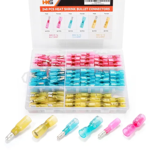 Vista 9 de HKS Kit de 120 piezas/60 pares de conectores de bala termorretráctiles – Terminales de alambre macho y hembra calibre 22-10 AWG – Conectores