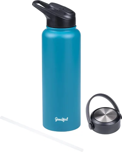 Vista 15 de Goodful Botella de agua de doble pared sellada al vacío, aislada con dos tapas intercambiables, tapas para beber o tragar, a prueba de fugas, boca